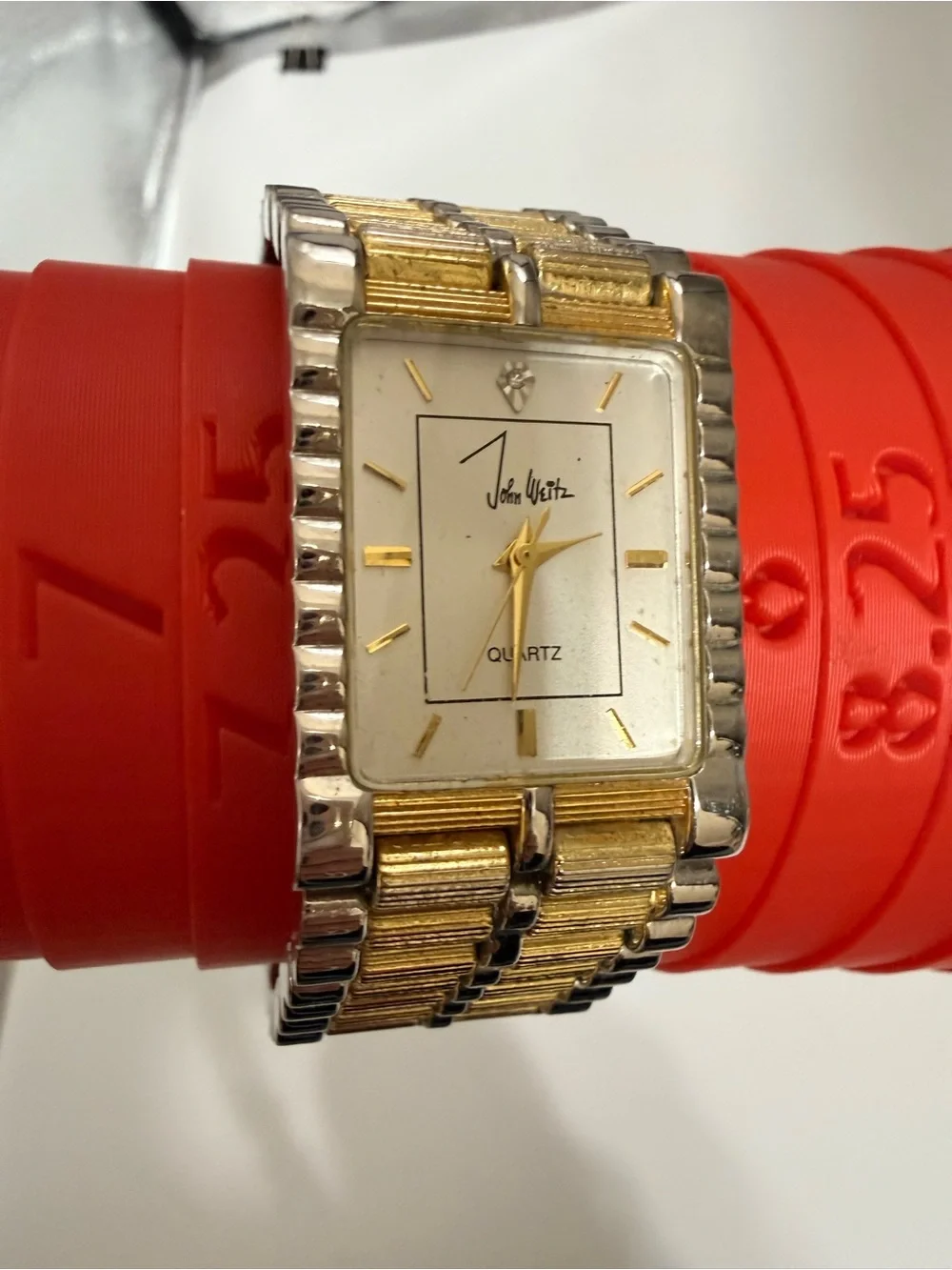 vintage John Weitz two-tone watch rectangular case textured expansion band.